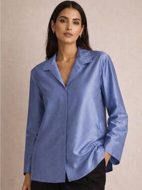 Chico's | 100% Silk Satin Blue Button Front Blouse Luxe Minimalist Workwear